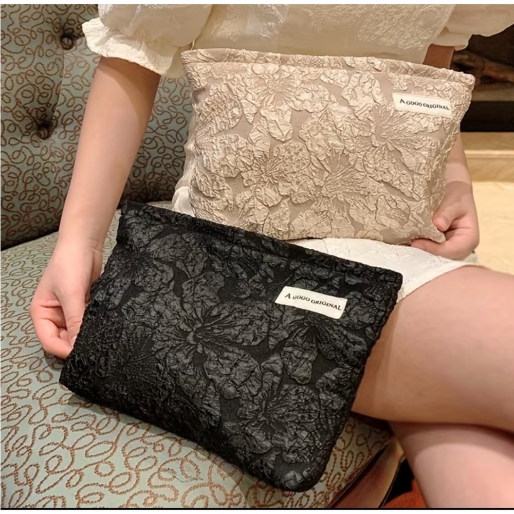Textured Floral Print Makeup Bag Embossed, Jacquard-Style Floral Pattern Taupe - Picture 5 of 8